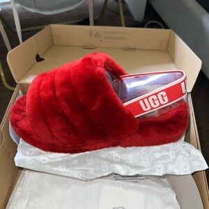 UGG Kids Red Fluffy Slippers